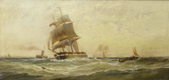 Running down the Channel in a fair wind as she clears the stern of the ferry by George Gregory