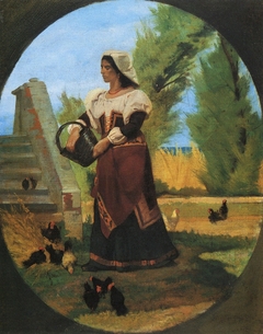 Rustic courtyard with peasant woman by Giovanni Fattori