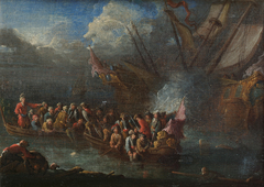 Sailors escaping from a burning ship by Jan Baptist van der Meiren