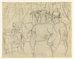 Schetsblad met vissers in een haven by Leo Gestel