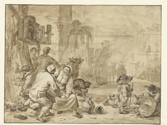 Stalinterieur met acht personen by Cornelis Saftleven