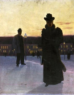 Street scene at dusk. by Eugeniusz Dąbrowa-Dąbrowski