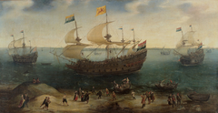 The Amsterdam four-master 'De Hollandse Tuyn' and other ships on their return from Brazil under the command of Paulus van Caerden by Hendrick Cornelisz Vroom