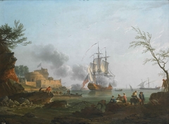 The Entrance to a Harbor with a Ship Firing a Salute by Claude-Joseph Vernet