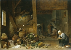 The Interior of a Kitchen with an Old Woman Peeling Turnips by David Teniers the Younger