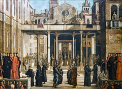 The Relic of the Holy Cross is offered to the Scuola Grande di San Giovanni Evangelista by Lazzaro Bastiani