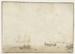 Twee roeiboten bij een zeilschip voor anker in een baai by Unknown Artist