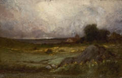 Untitled (landscape with rock in foreground and roof with steeple, lake in background) by Edward Mitchell Bannister