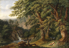 Waldlandschaft mit dem schlafenden, von Tauben behüteten Knaben Horaz by Jacob Philipp Hackert