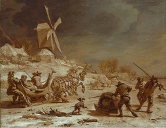 Winter landscape with mill and sleigh by Nicolaes Pieterszoon Berchem