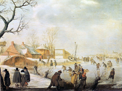 Winter Landscape with Skaters and Stone bridge by Barent Avercamp