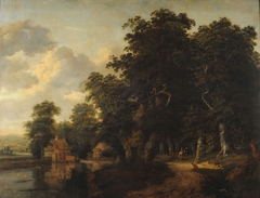 Wooded landscape with river and characters by Jan van Kessel the Elder