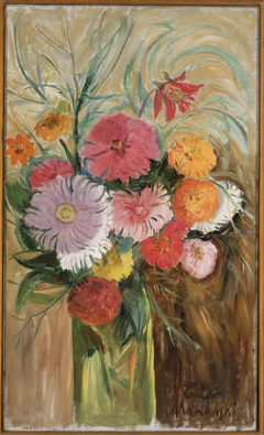 Zinnias and asters in a glass jar by Tadeusz Makowski